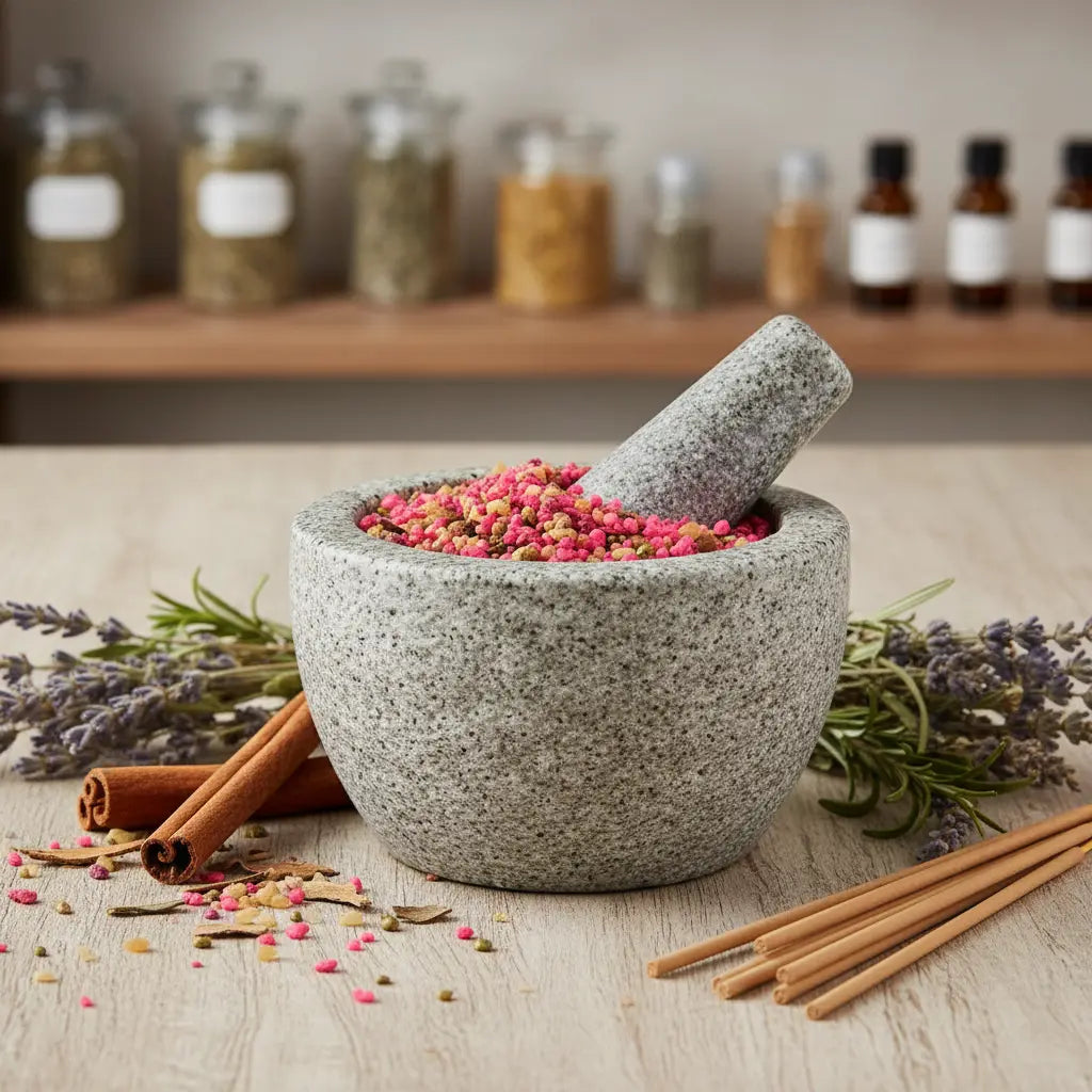 Grains d'encens de résine Notre-Dame de Fatima (rose vif) dans un mortier en granit gris, entouré de brins de lavande, de bâtons de cannelle et de bâtonnets d'encens.