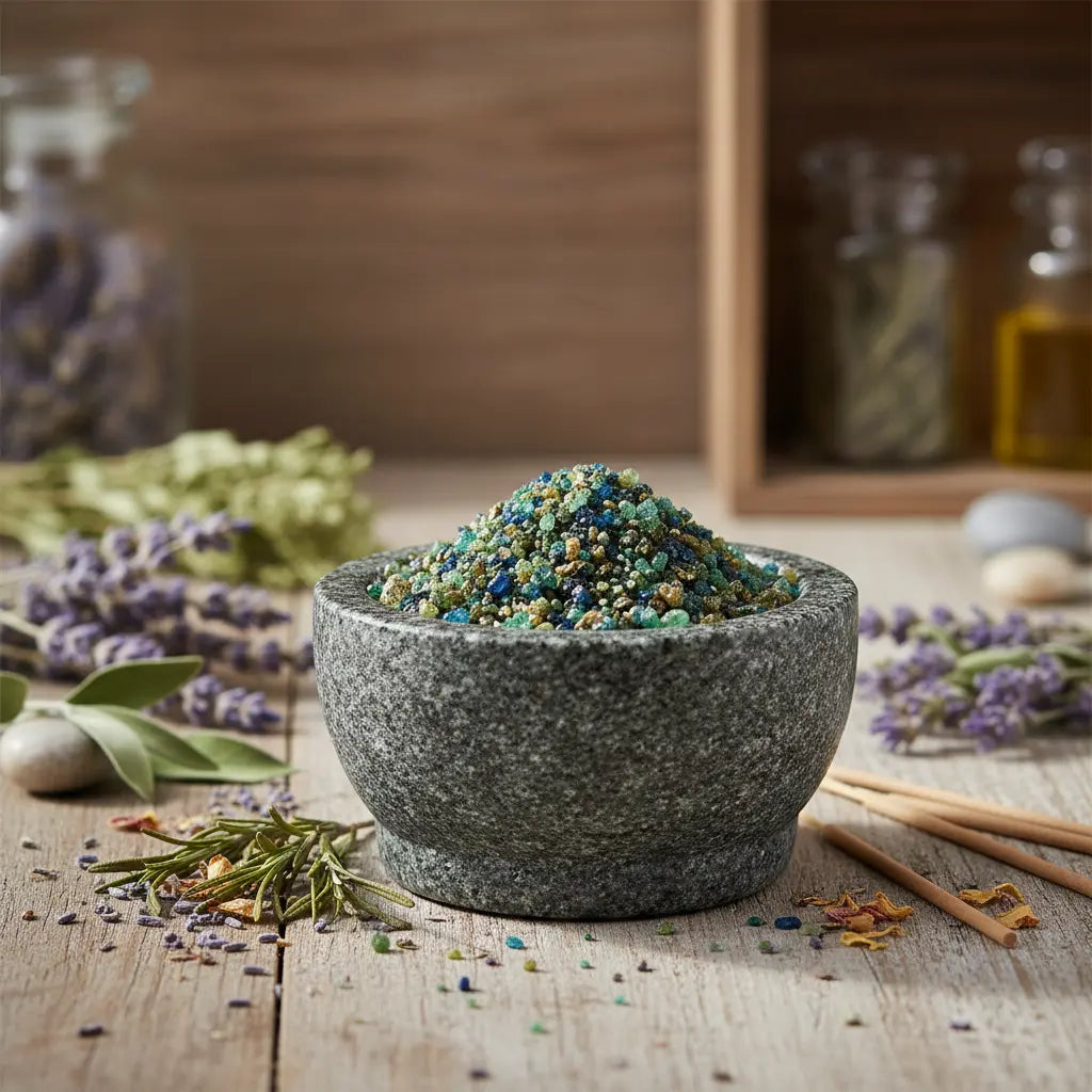 Encens Notre-Dame Délivrance en grains de résine dans un mortier en pierre, entouré de plantes et bâtons d’encens sur une table en bois.
