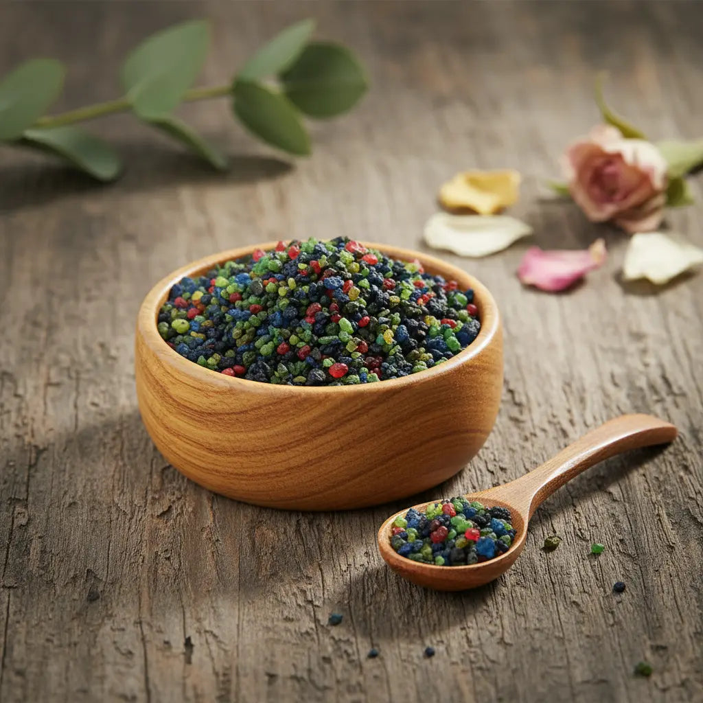 Grains d'encens de résine Notre-Dame des Miracles, mélange très coloré (bleu, vert, rouge, noir), dans un petit bol en bois avec cuillère, sur une planche de bois rustique.