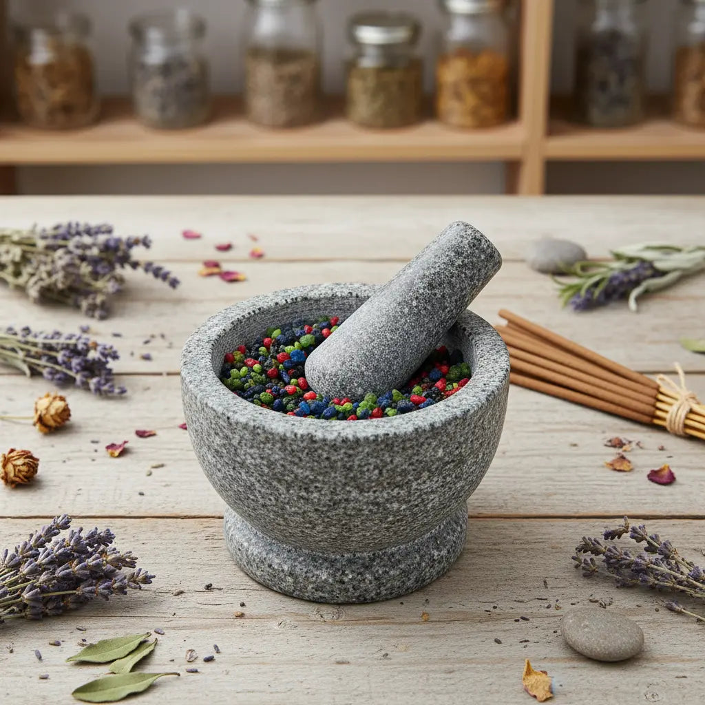 Grains d'encens de résine Notre-Dame des Miracles (multicolore) dans un mortier en granit gris avec pilon, entouré de lavande séchée et de bâtonnets d'encens.