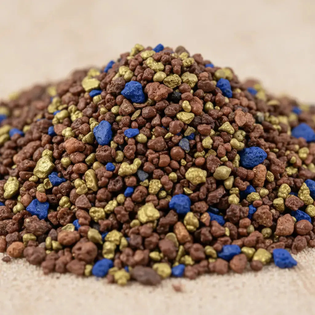 Gros plan sur des grains d’encens Notre Dame des Victoires bruns, dorés et bleus sur fond clair.