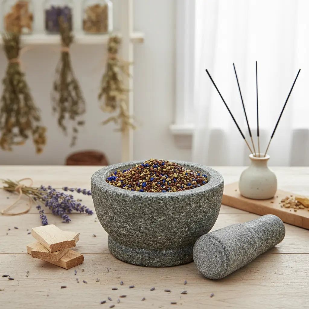 Mortier en pierre rempli de grains d’encens Notre Dame des Victoires multicolores, sur table avec bâtonnets d’encens et plantes séchées en arrière-plan.