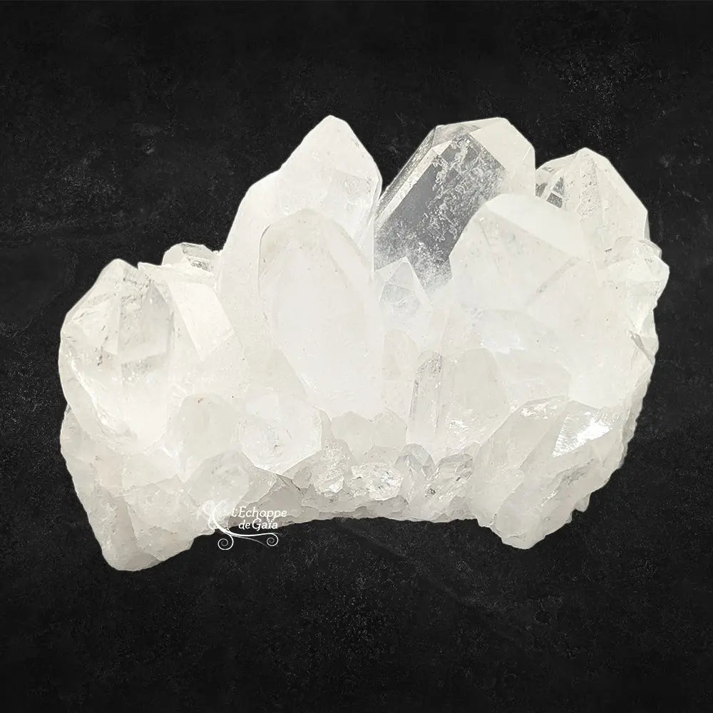 Gros plan d'un amas de cristal de roche lithothérapie posé sur de la mousse verte en forêt, avec des rayons de soleil.