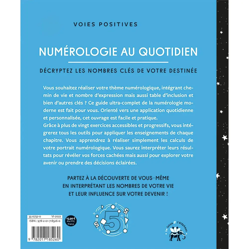 Numérologie au Quotidien : quatrième de couverture bleue présentant le résumé de l'ouvrage, le prix et le code-barres.