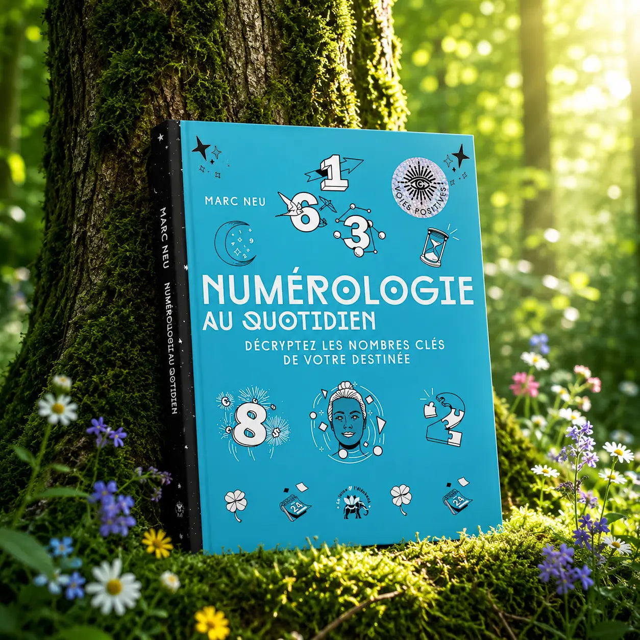 Livre Numérologie au Quotidien - Marc Neu sur mousse sacrée au pied d'un arbre, entouré de fleurs violettes sous des rayons de soleil magiques.