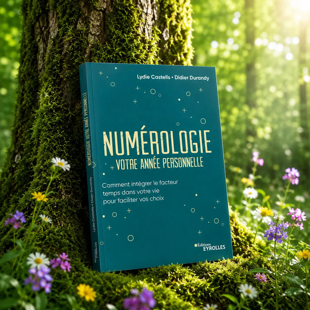 Livre Numérologie, votre année personnelle - Lydie Castells - Didier J. Durandy sur mousse sacrée au pied d'un arbre, entouré de fleurs violettes sous des rayons de soleil magiques.
