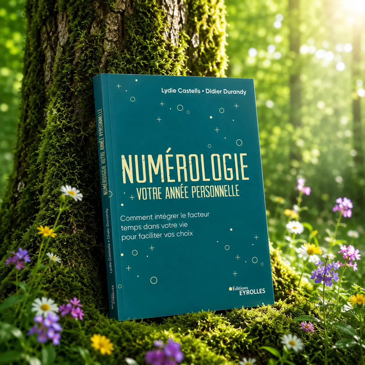 Livre Numérologie, votre année personnelle - Lydie Castells - Didier J. Durandy sur mousse sacrée au pied d'un arbre, entouré de fleurs violettes sous des rayons de soleil magiques.