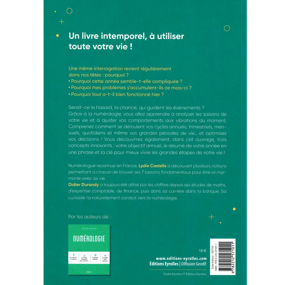Numérologie, votre année personnelle : quatrième de couverture turquoise présentant le résumé et le code-barres du livre.