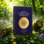 Livre Les Secrets de la Numérologie Prédictive - Zicenzo sur mousse sacrée au pied d'un arbre, entouré de fleurs violettes sous des rayons de soleil magiques.