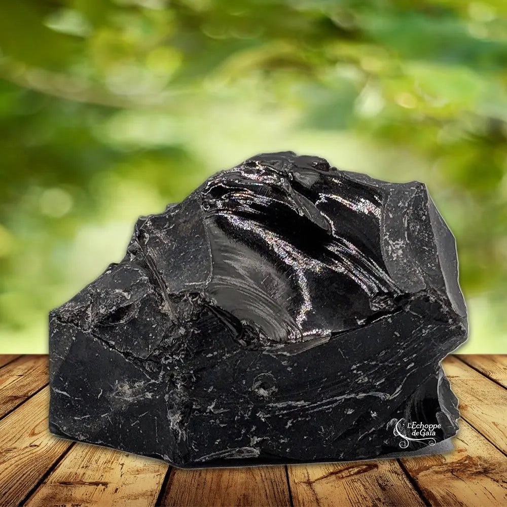 Bloc d'obsidienne noire brute à la cassure conchoïdale brillante, posé sur un plateau en bois devant un arrière-plan de feuillage vert flou.