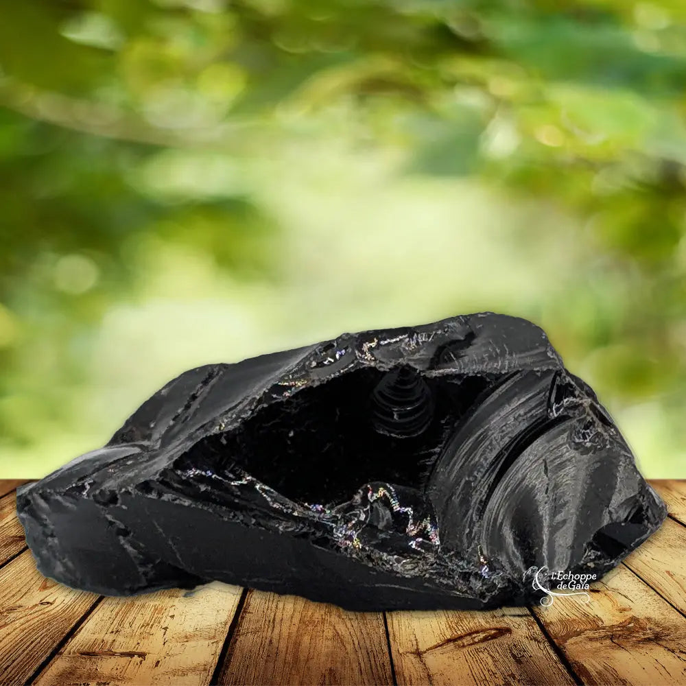 Pierre d'obsidienne noire brute aux éclats vitreux et à la texture irrégulière, posée sur un support en bois devant un arrière-plan naturel de feuillage vert flou.