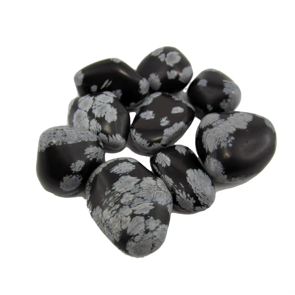 Pierres d'obsidienne mouchetée polies, noires avec des taches blanches caractéristiques, présentées sur fond blanc.