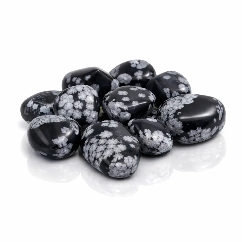 Un groupe de pierres d'obsidienne mouchetée (ou flocons de neige) roulées d'un noir profond parsemé de taches gris clair, présenté sur un fond blanc avec des reflets brillants.