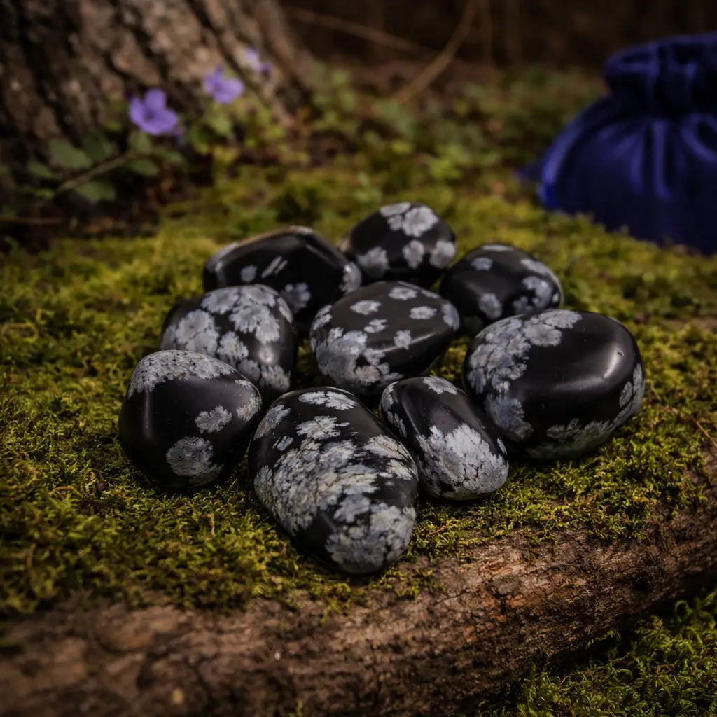Sélection de pierres d'obsidienne mouchetée polies noires avec des taches grises en forme de flocons, disposées sur un tronc d'arbre moussue avec un pochon bleu en arrière-plan.