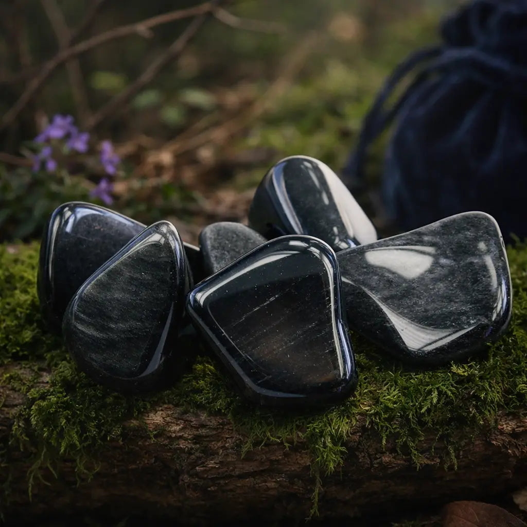Plusieurs pierres d'obsidienne argentée polies, noires avec des reflets gris pailletés, disposées sur un tronc moussue avec un pochon bleu en arrière-plan.