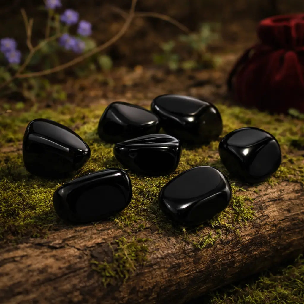 Sept pierres d'obsidienne noire polies, d'un noir profond et brillant, disposées sur un tronc moussue avec un pochon rouge en arrière-plan.