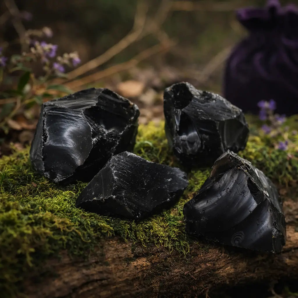 Blocs massifs d'obsidienne noire brute à l'éclat vitreux sombre, posés sur une branche d'arbre moussue dans un sous-bois mystique avec un pochon violet.