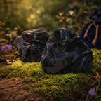 Petits blocs d'obsidienne noire brute aux cassures vitreuses et sombres, posés sur une branche moussue avec un pochon de velours bleu en arrière-plan.