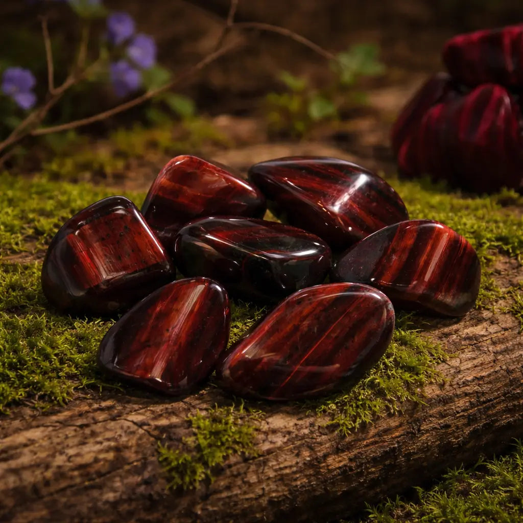 Huit pierres d'Oeil de Taureau polies aux reflets soyeux rouge brique et brun sombre, disposées sur un support naturel moussue avec un pochon rouge en arrière-plan.