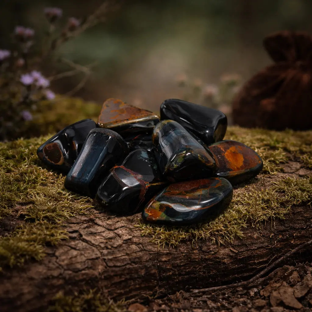 Groupe de pierres d'oeil de faucon polies aux reflets bleu sombre, gris et parfois des zones marron, disposées sur un tronc d'arbre moussue en forêt.