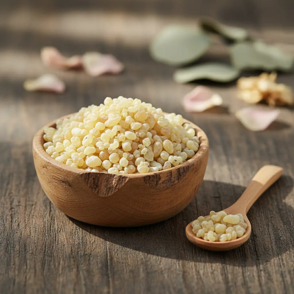 Grains de résine d'Encens Oliban, de couleur blanc ivoire et jaune pâle, dans un petit bol en bois clair avec une cuillère, sur une planche de bois rustique.