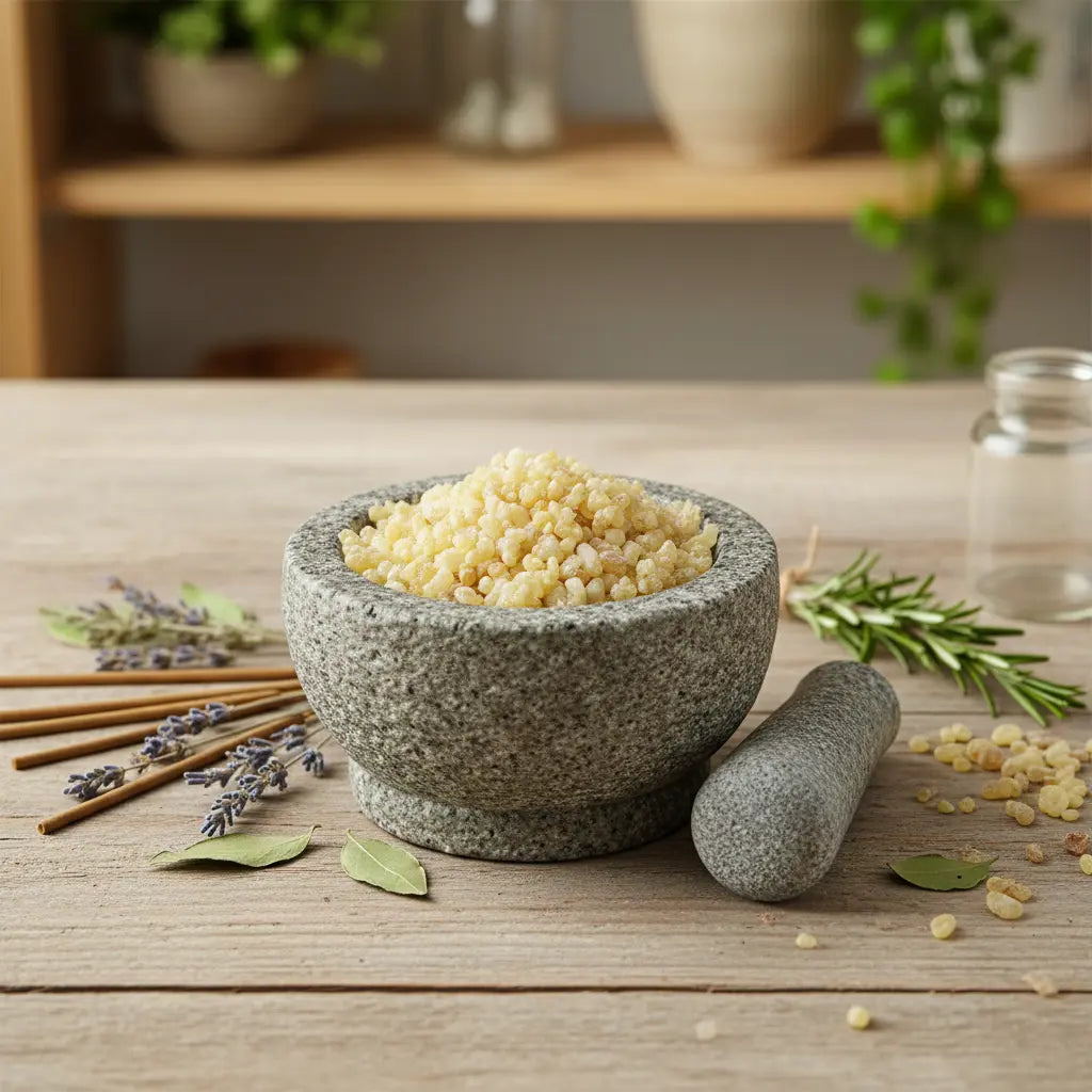 Grains de résine d'Encens Oliban (jaune pâle et ivoire) dans un mortier en granit gris avec pilon, entouré de brins de lavande, de romarin et de feuilles de laurier.