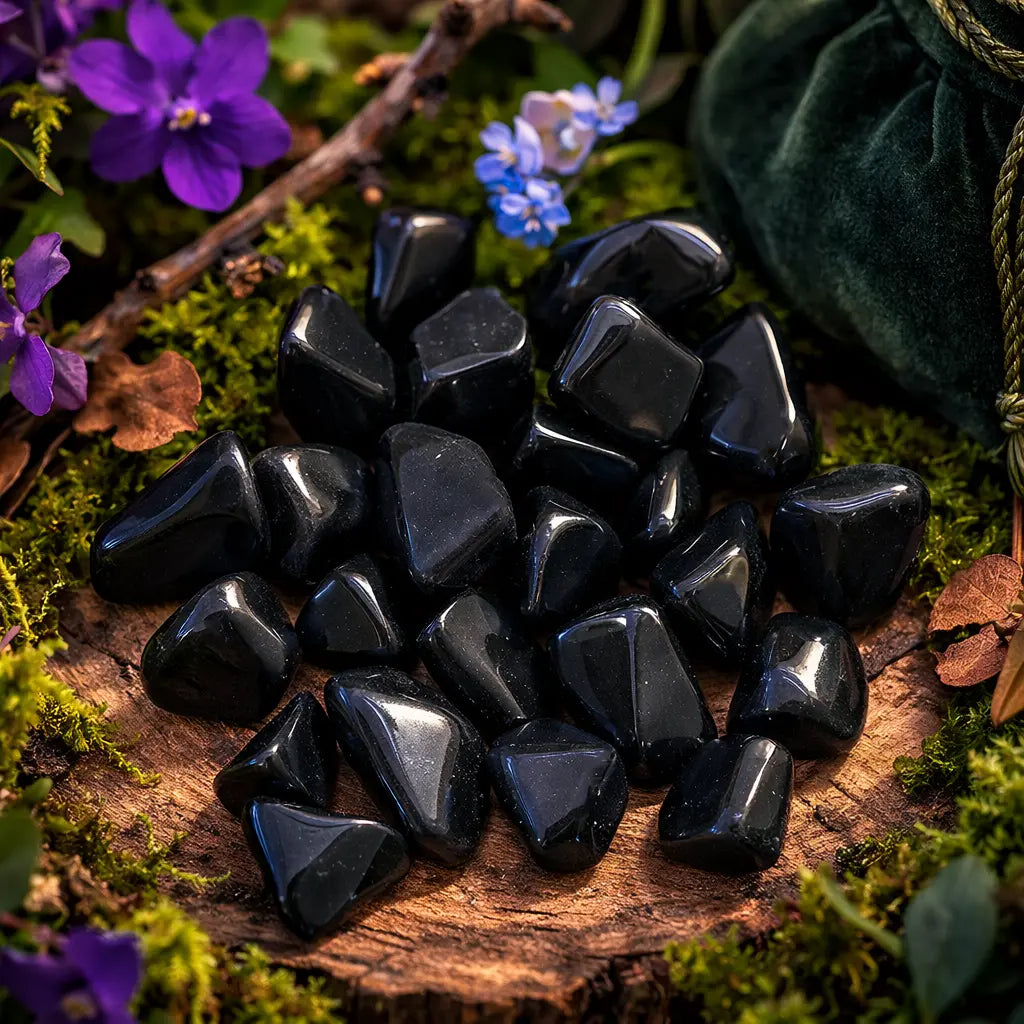 Amoncellement de pierres d'onyx noir polies, d'un noir profond et opaque, disposées sur un socle en bois moussue entouré de fleurs violettes et d'un pochon vert.