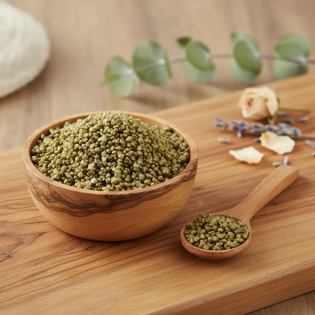 Grains d'encens de résine Or, de couleur vert olive intense, dans un petit bol en bois d'olivier avec cuillère, sur une planche de bois claire.