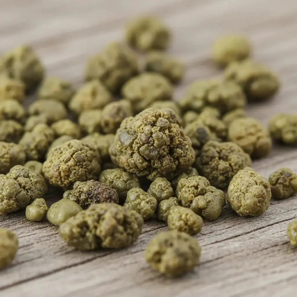Gros plan sur des grains d'encens de résine Or (Oliban), montrant des morceaux irréguliers de couleur vert olive terreux sur une surface en bois clair.