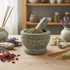 Grains d'encens de résine Or (vert olive) dans un mortier en granit gris avec pilon, entouré de brins de lavande, de bouquets de sauge blanche et de pétales de rose séchés.