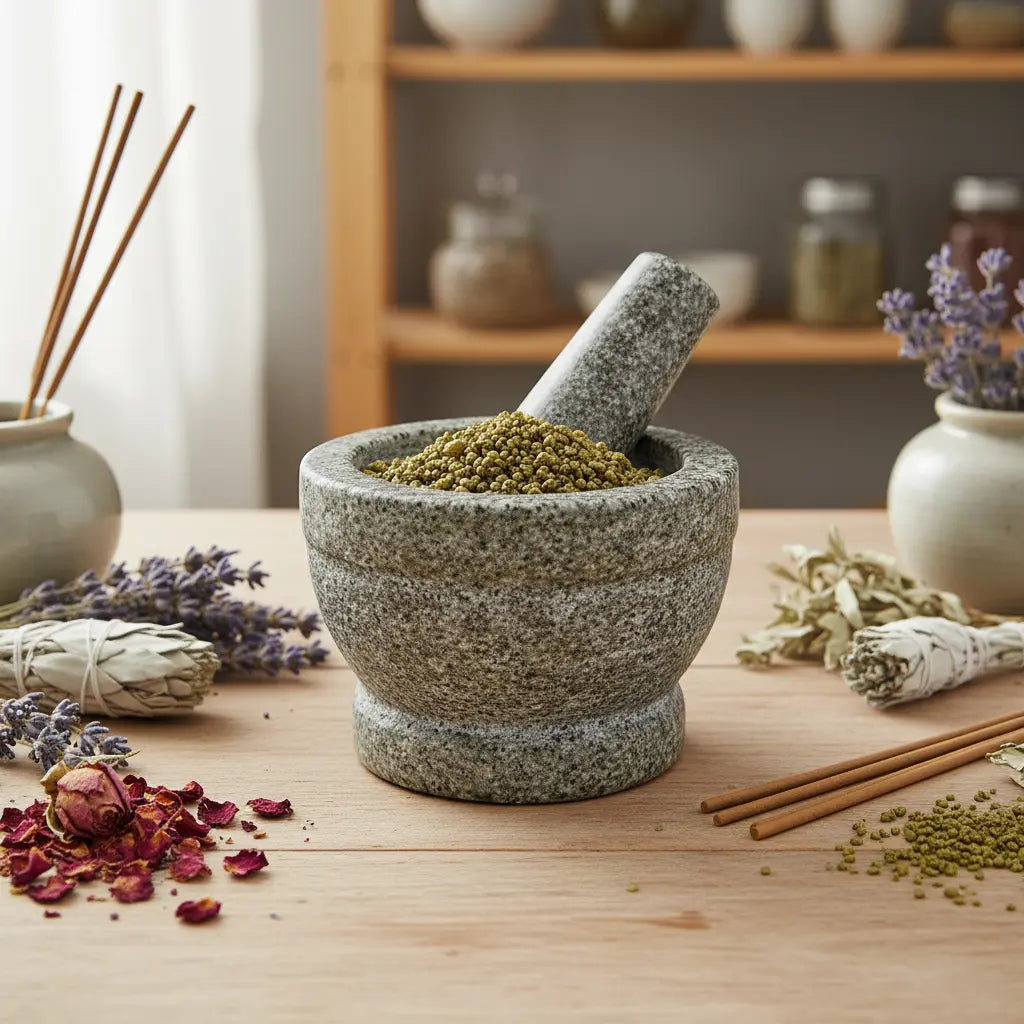Grains d'encens de résine Or (vert olive) dans un mortier en granit gris avec pilon, entouré de brins de lavande, de bouquets de sauge blanche et de pétales de rose séchés.