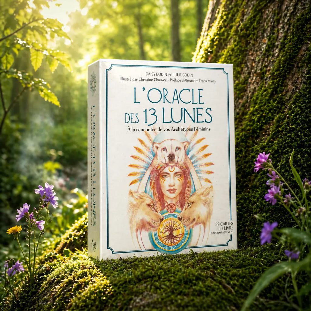 Coffret blanc L'Oracle des 13 Lunes de Daisy et Julie Bodin posé dans la mousse forestière, illustré d'une femme chaman entourée de loups et d'un ours polaire.