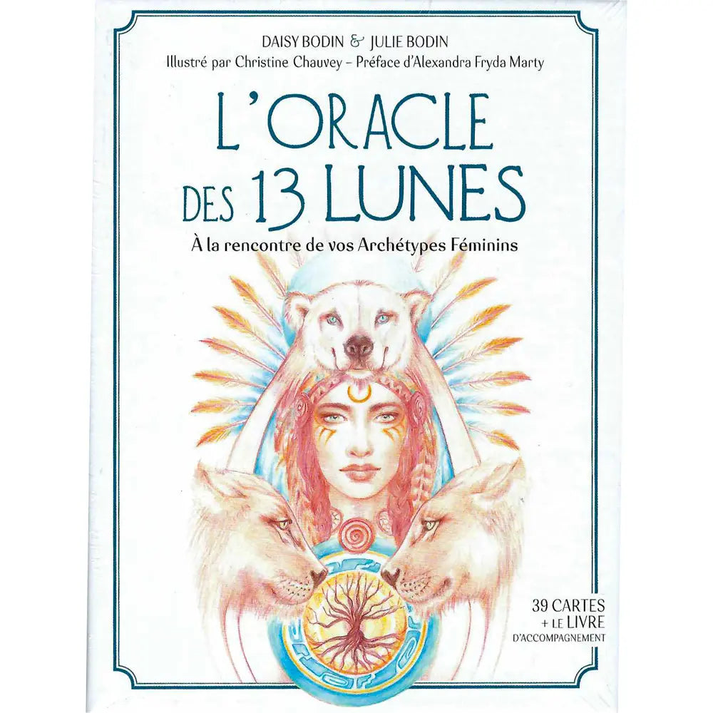 L'Oracle des 13 Lunes illustré d'un visage féminin entouré de loups blancs et d'un ours sous un croissant de lune.