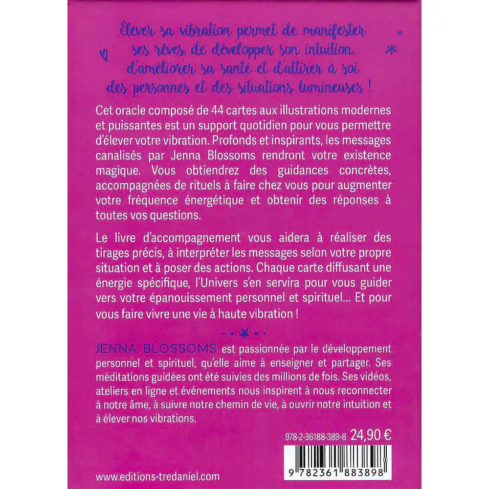 L'Oracle à Haute Vibration, quatrième de couverture rose vif présentant le texte de présentation de l'ouvrage, le prix, le code-barres et la biographie de Jenna Blossoms.