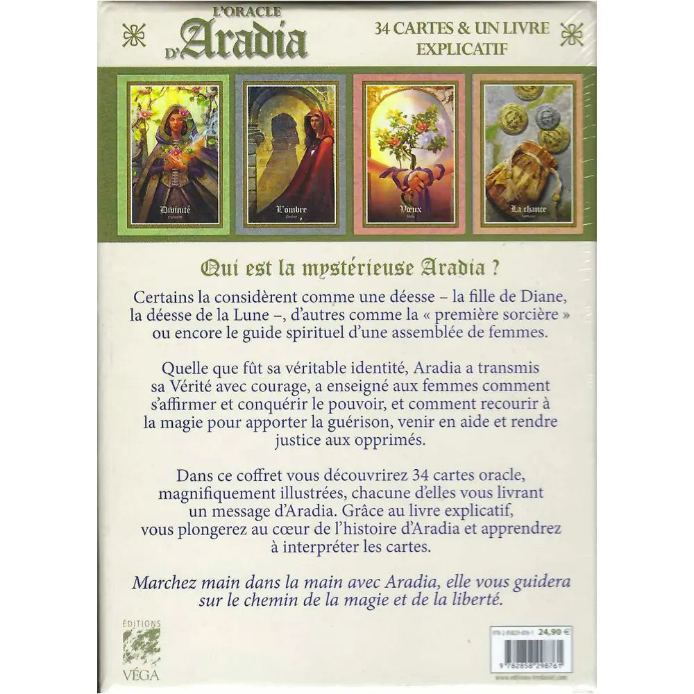 Dos du coffret L’Oracle d’Aradia : mention « 34 cartes & un livre explicatif », aperçu de 4 cartes, texte descriptif et code-barres.