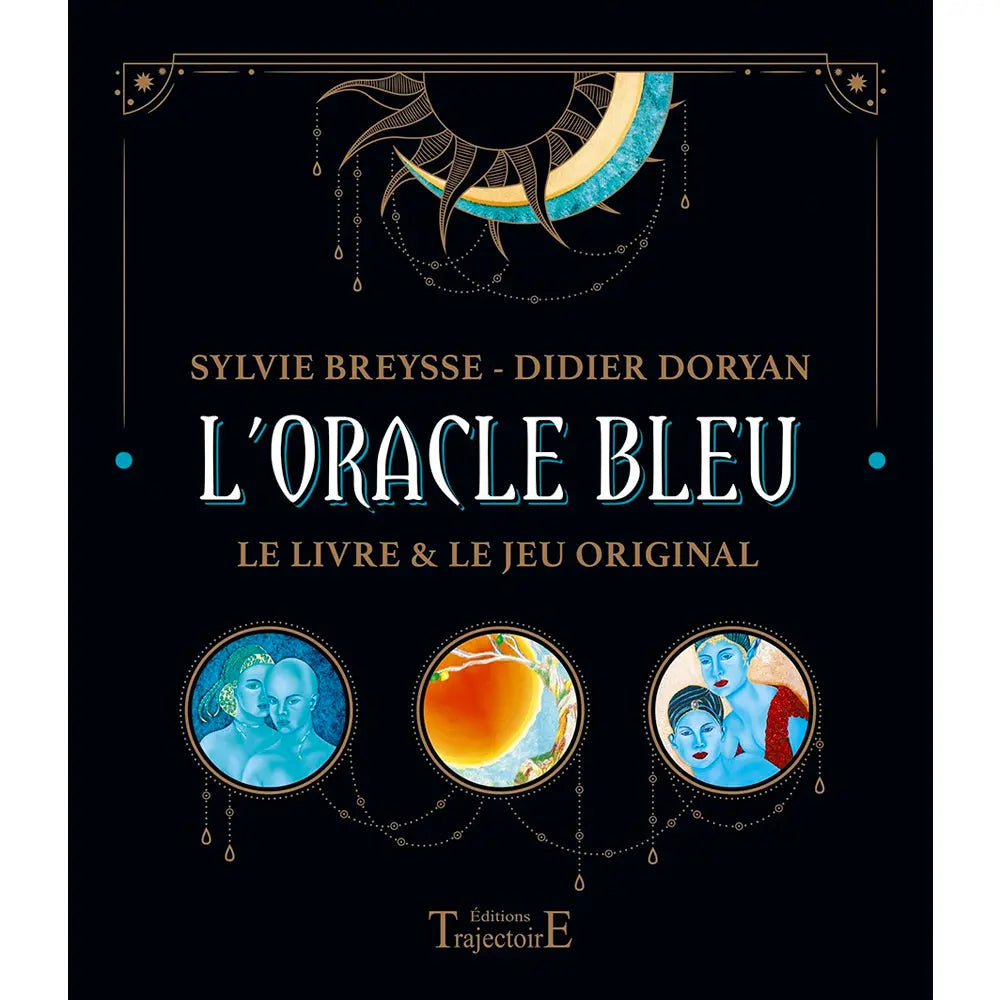 L'Oracle Bleu, coffret rigide noir orné d'un croissant de lune stylisé et de trois médaillons circulaires illustrant des personnages bleutés et oniriques.