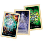 Trois cartes oracle illustrées en éventail avec mandalas colorés (La Roue de la Création, La Maîtrise de soi, L’Enfant stellaire).
