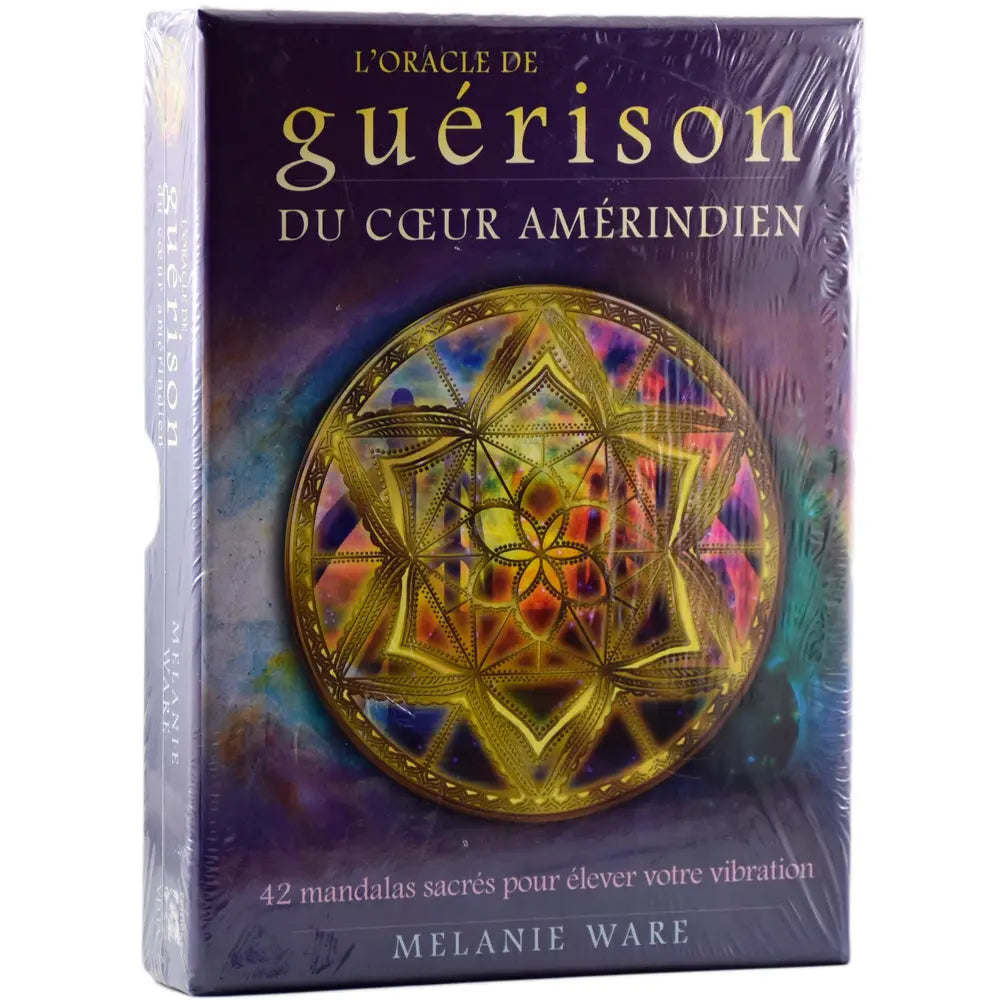 Boîte « L’Oracle de guérison du cœur amérindien » : coffret violet avec grand mandala doré au centre.