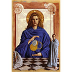 L'Oracle de la Guérison Mystique carte n°9 intitulée "Méditer" montrant une figure centrale en robe bleue entourée de symboles solaires et lunaires sur un sol en damier.