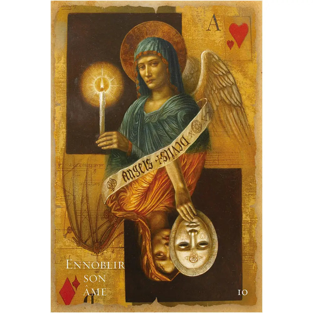 L'Oracle de la Guérison Mystique carte de style ancien représentant un ange tenant une bougie allumée et un personnage tenant un masque, surmontés d'un as de cœur.