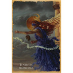 L'Oracle de la Guérison Mystique carte illustrée d'une femme ailée et aveuglée en mouvement tenant un sceptre à tête de licorne.