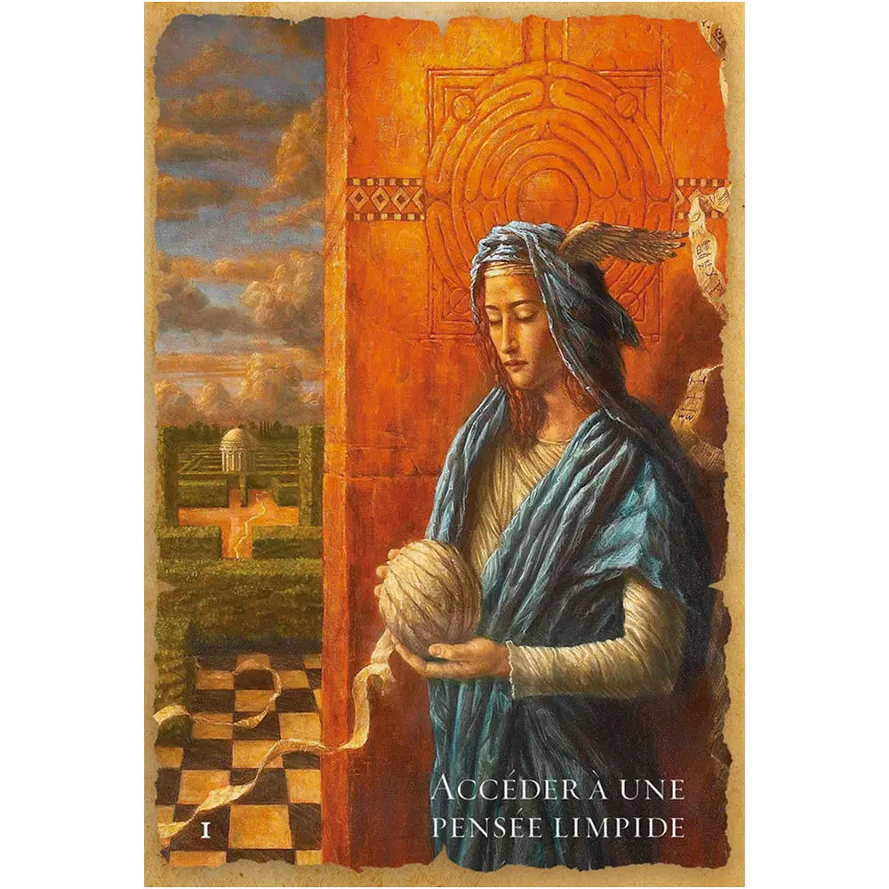 L'Oracle de la Guérison Mystique, carte illustrée d'une main protectrice entourée de fleurs roses et d'un croissant de lune.