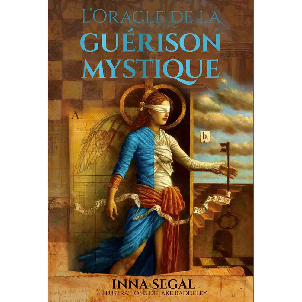 L'Oracle de la Guérison Mystique, boîte de jeu illustrée d'un portrait de femme mystique aux yeux clairs, entourée de motifs ornementaux et de symboles de lune et d'étoiles.