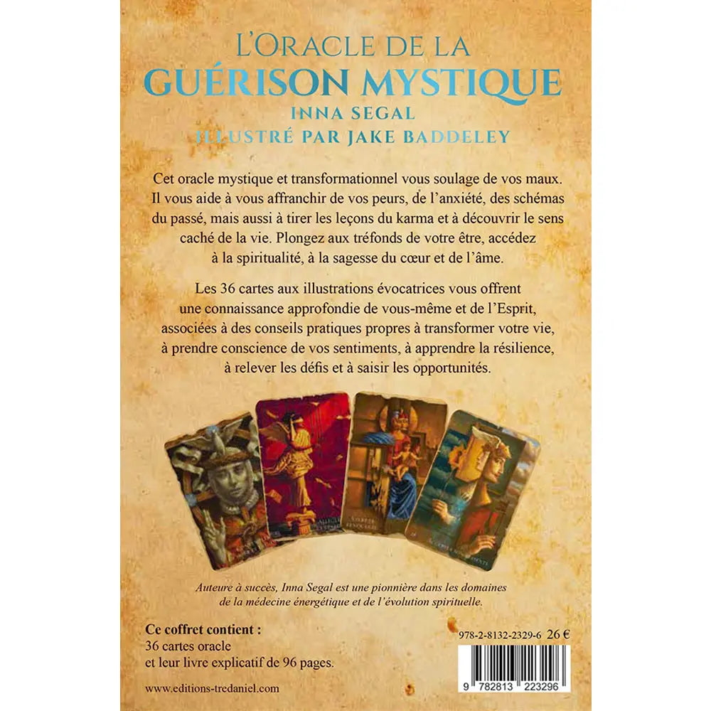L'Oracle de la Guérison Mystique avec ses 36 cartes illustrées aux couleurs chaudes et son texte descriptif sur fond parcheminé.