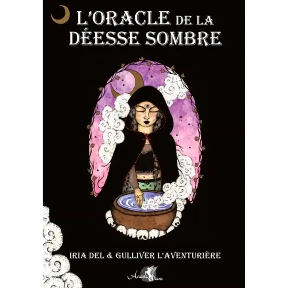L'Oracle de la Déesse Sombre, boîte noire illustrée d'une femme à capuche devant un chaudron magique et une lune violette.