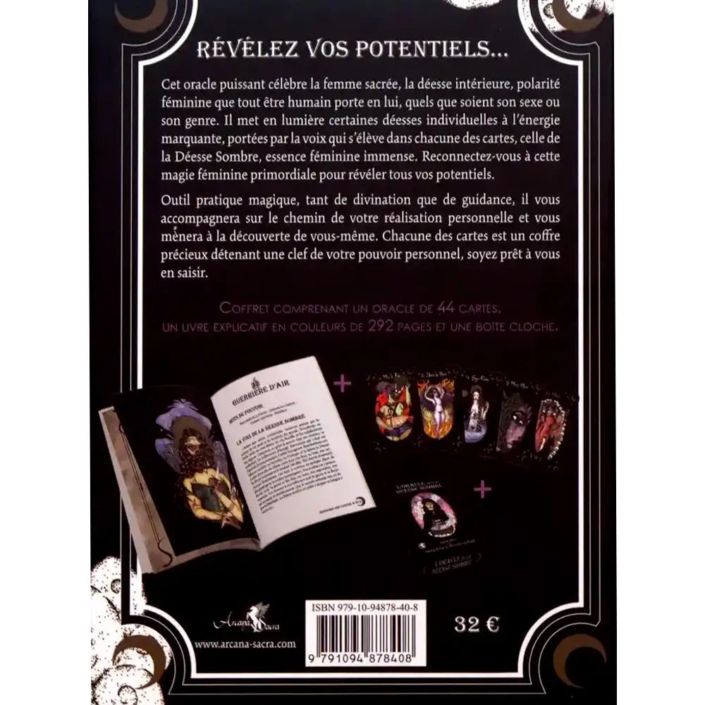 L'Oracle de la Déesse Sombre, quatrième de couverture noire affichant le texte de présentation, le guide ouvert sur une page illustrée, des exemples de cartes, le code-barres et le prix de 32 euros.