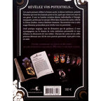 L'Oracle de la Déesse Sombre, quatrième de couverture noire affichant le texte de présentation, le guide ouvert sur une page illustrée, des exemples de cartes, le code-barres et le prix de 32 euros.