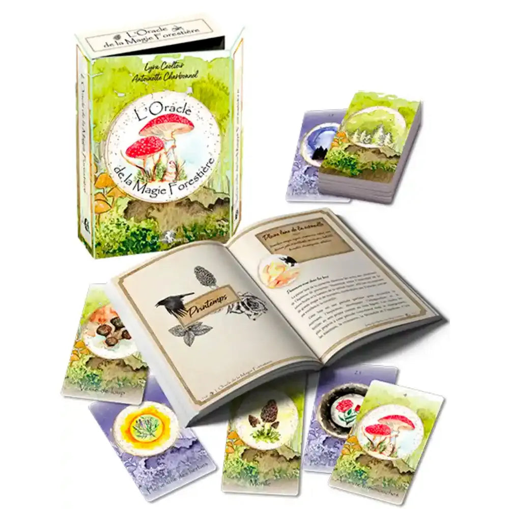 Ensemble de L'Oracle de la Magie Forestière de Lyra Ceoltóir et Antoinette Charbonnel. L'image dévoile le coffret illustré de champignons, le livret d'accompagnement ouvert et plusieurs cartes étalées.
