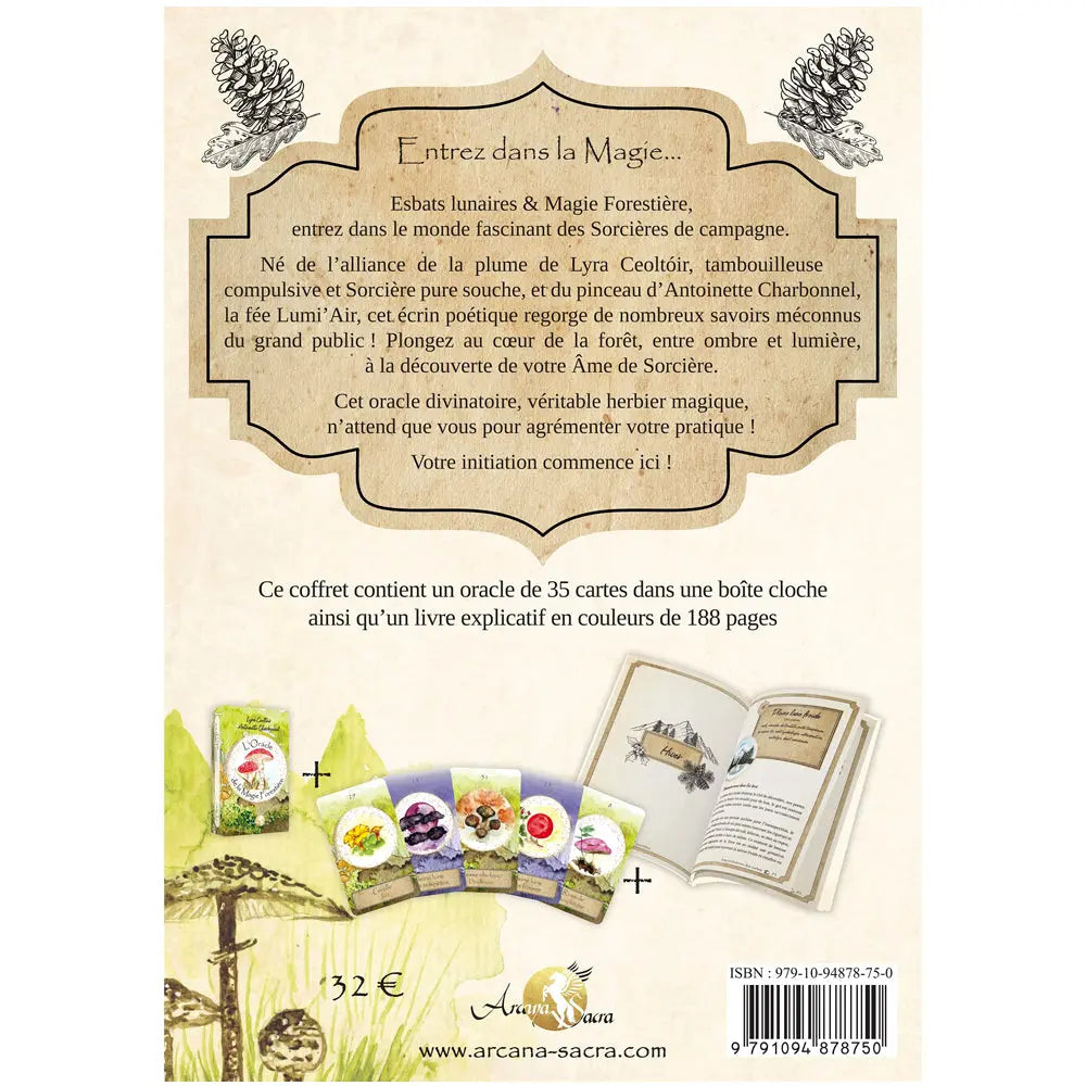 Dos du coffret de L'Oracle de la Magie Forestière invitant à explorer la magie des campagnes à travers ce véritable "herbier magique". L'image détaille son contenu : un jeu divinatoire de 35 cartes accompagné d'un livre explicatif en couleurs de 188 pages.