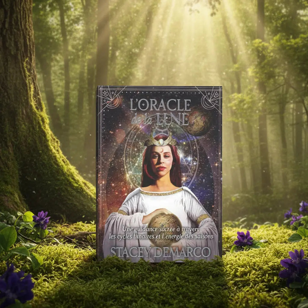 Coffret L'Oracle de la Lune - Cartes Oracle de Stacey Demarco posé sur une souche en forêt, illustré d'une femme couronnée tenant un astre lunaire.